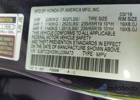 2019 Acura Rdx Standard from USA, damaged, VIN 5J8TC2H33KL039473